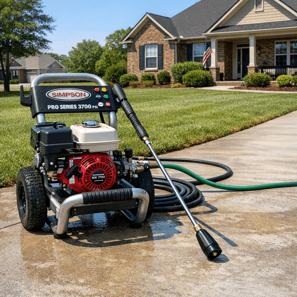 Professional pressure washing equipment in action on a residential home exterior
