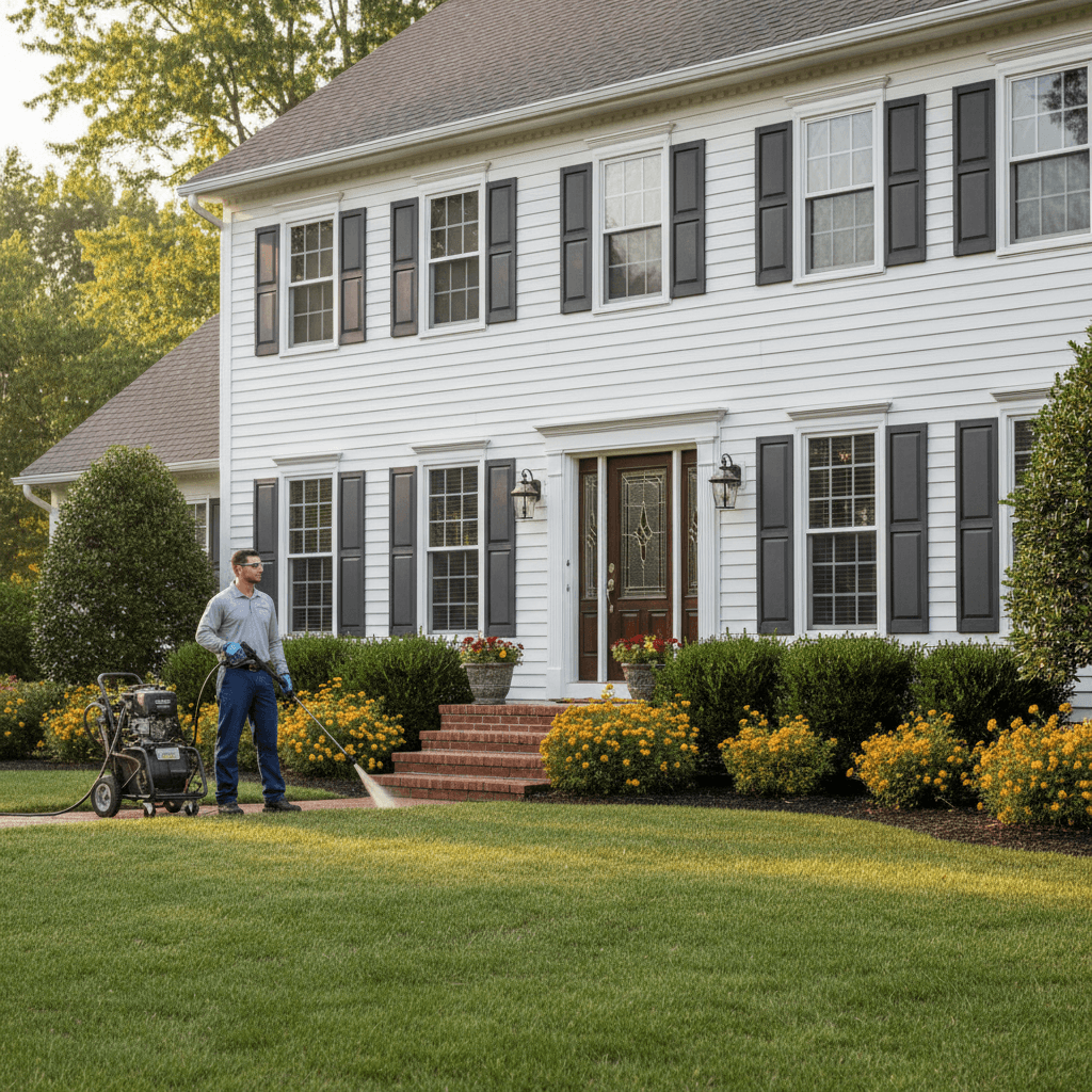 Professional soft washing a residential home to remove buildup and protect siding