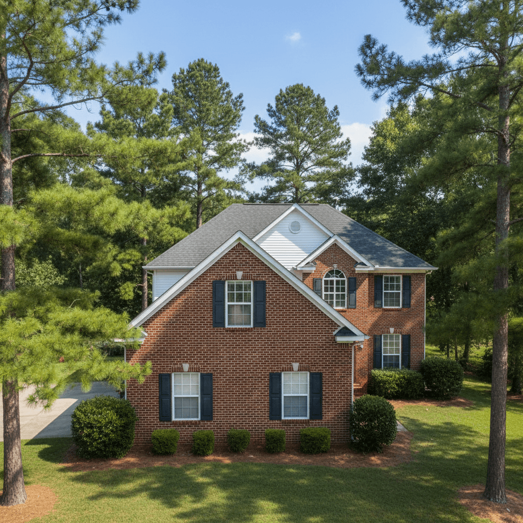 Aerial view of a two story house with red brick and white vinyl siding, uniformly clean after soft wash, set among pine trees