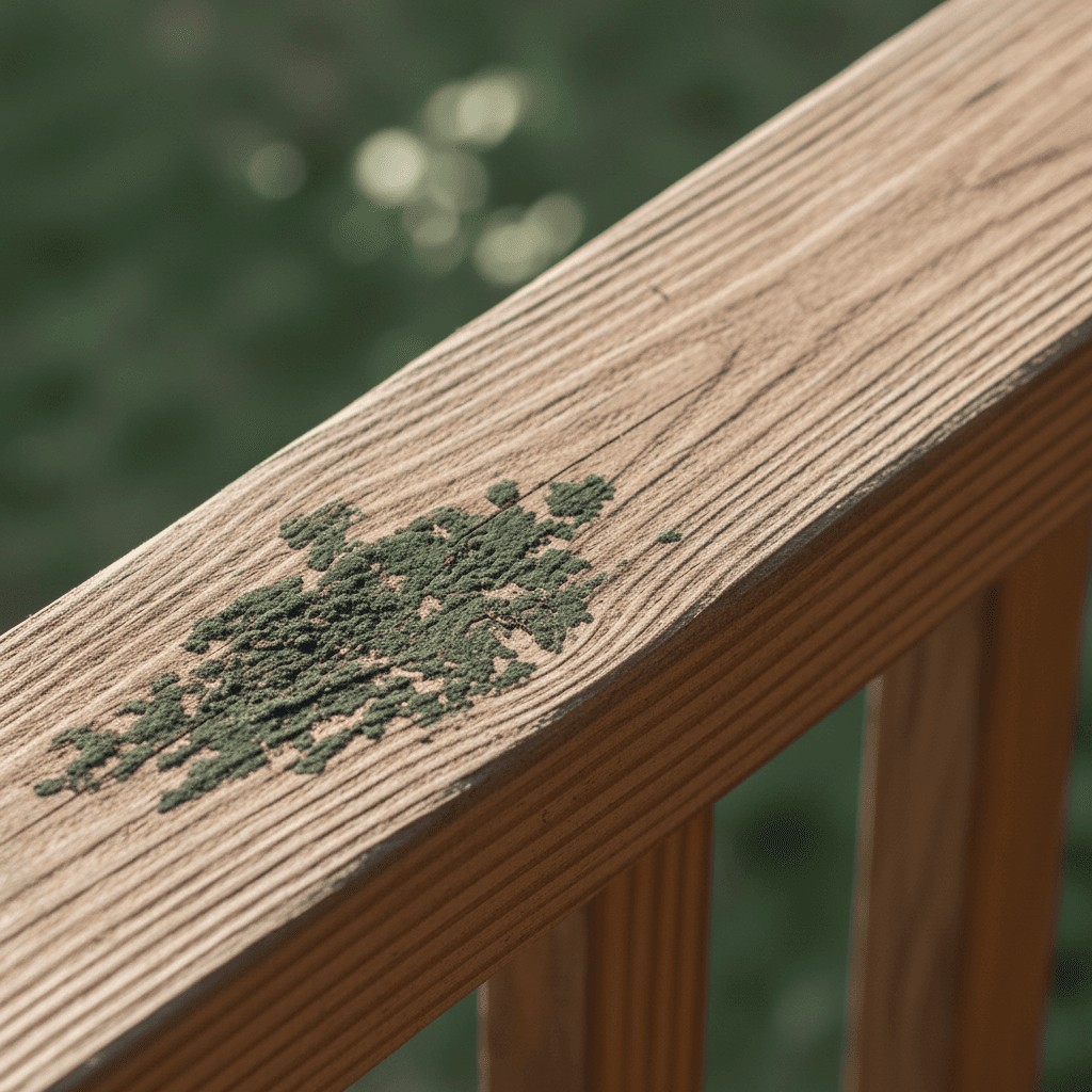 Close-up of wooden porch railing with dark mold and mildew stains