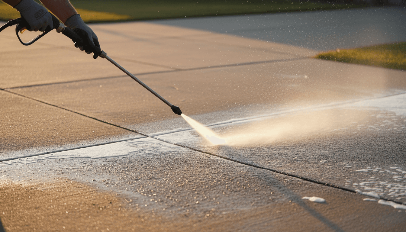 Pressure washing wand spraying water on a driveway in afternoon sunlight