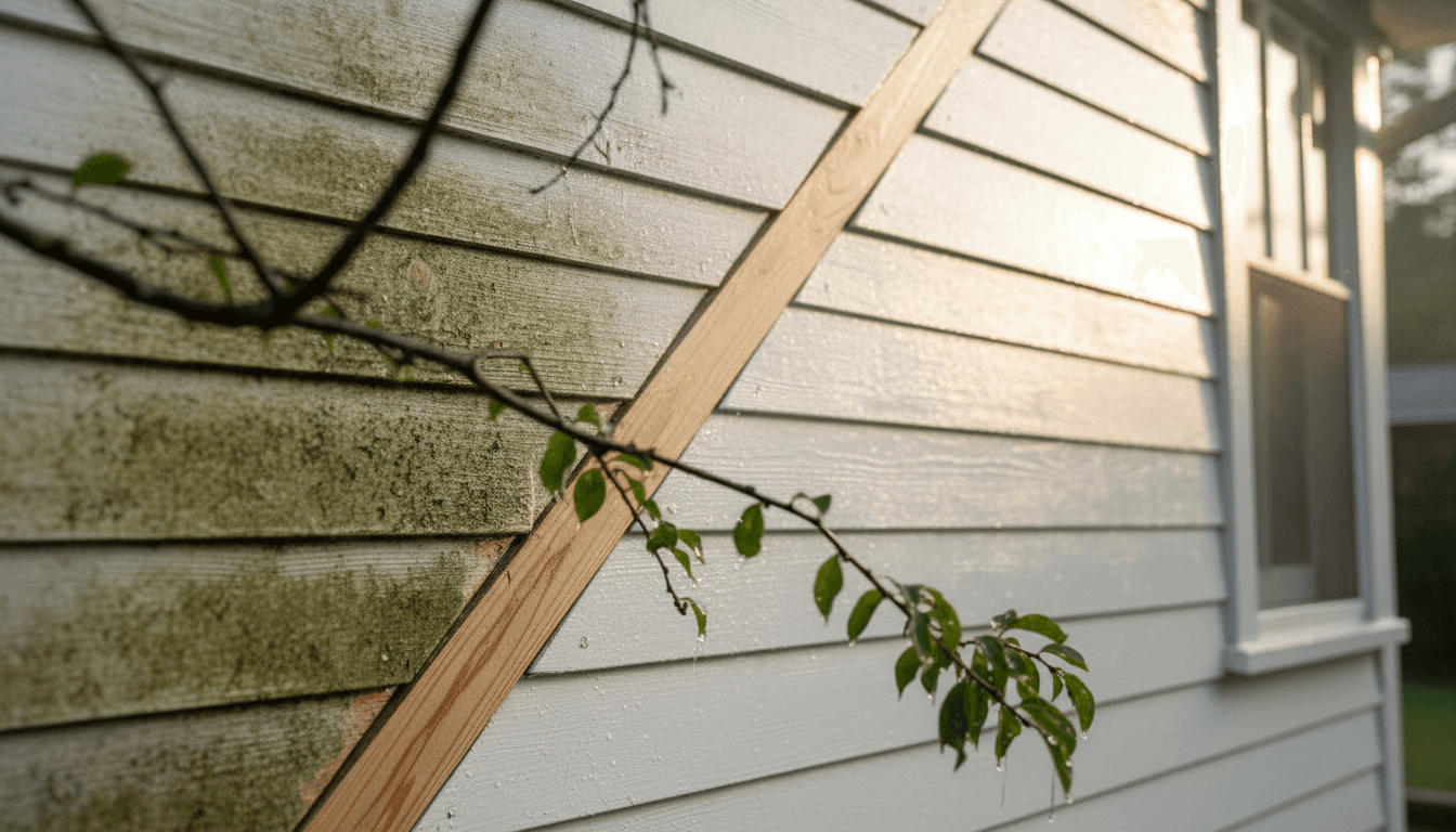 Close-up of white wood siding, sharply divided between a clean, dry section and a shadowed, algae-streaked section still wet, with early morning light catching the clean surface