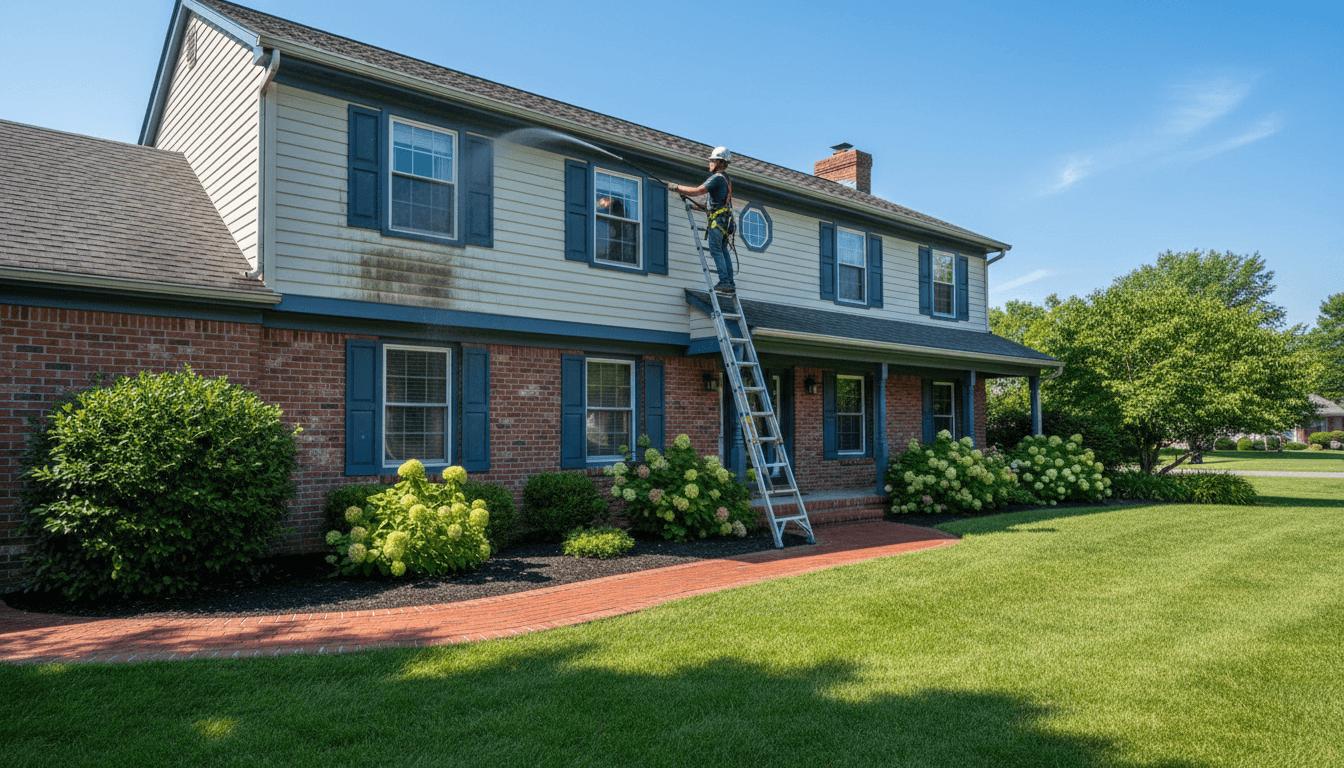 Worker on a ladder soft washing rain gutters on a two-story house