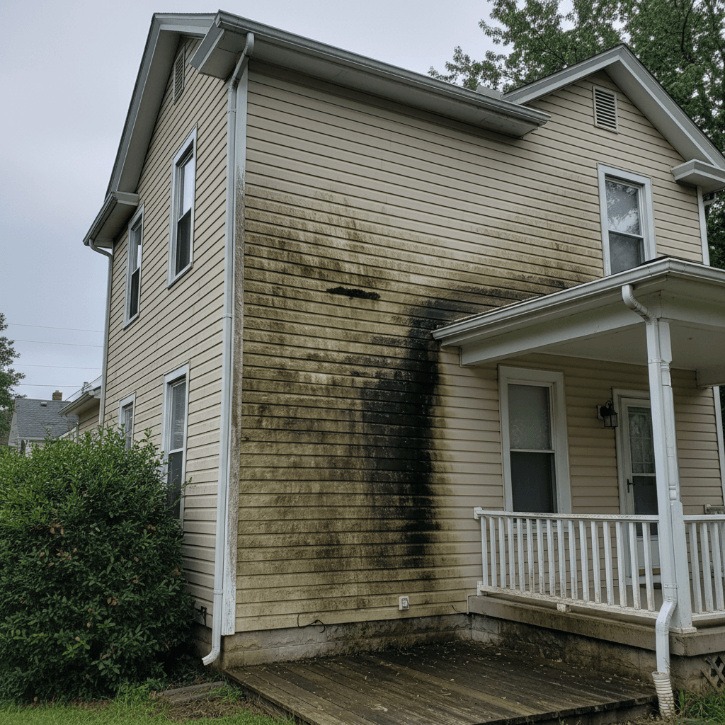 House exterior before professional cleaning showing dirt and mold buildup