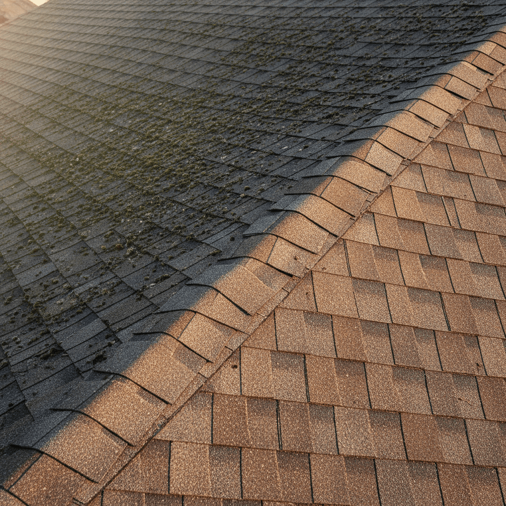 Roof before and after soft wash with moss algae growth contrast