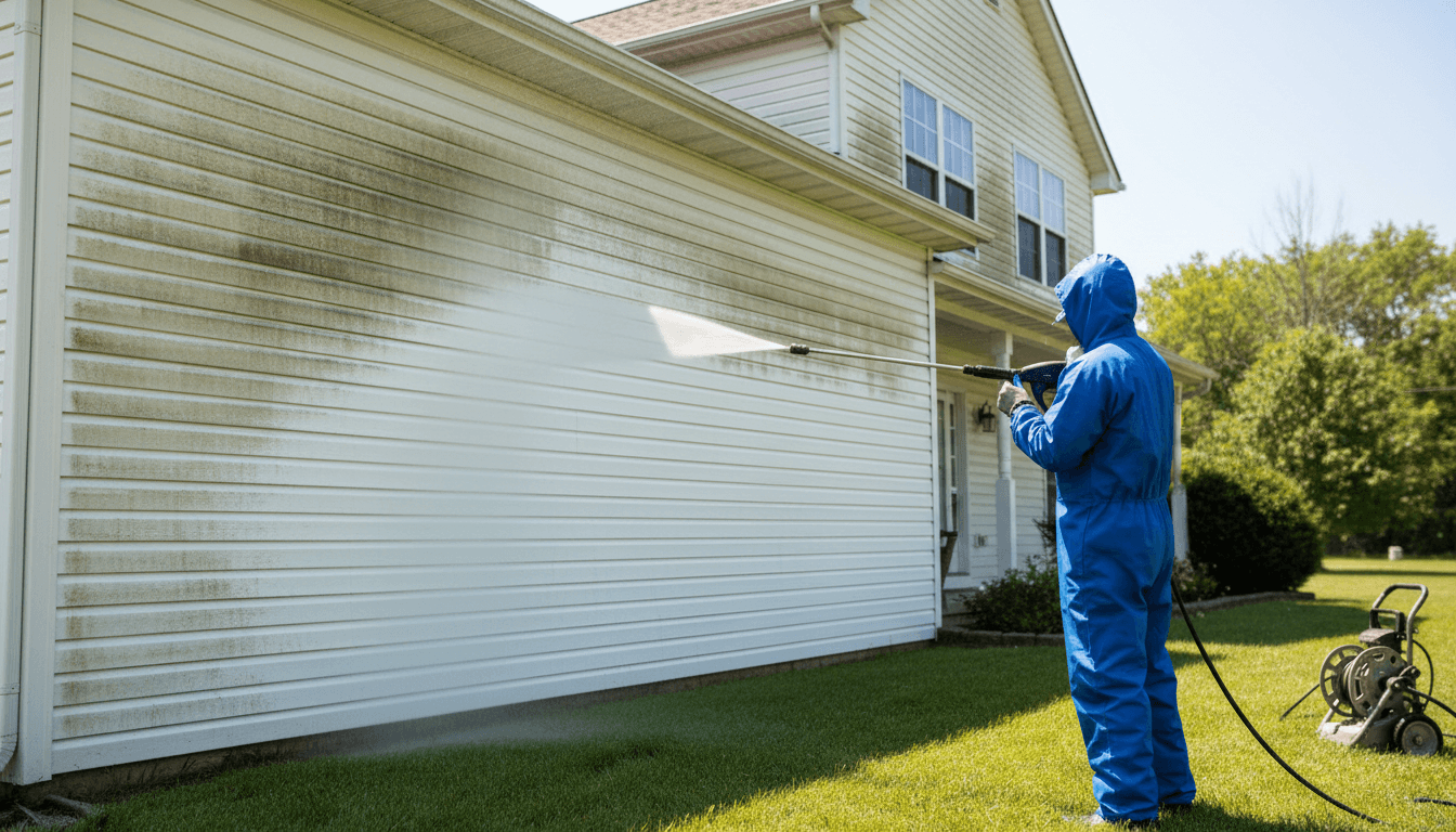 House siding being pressure washed with water streaming down