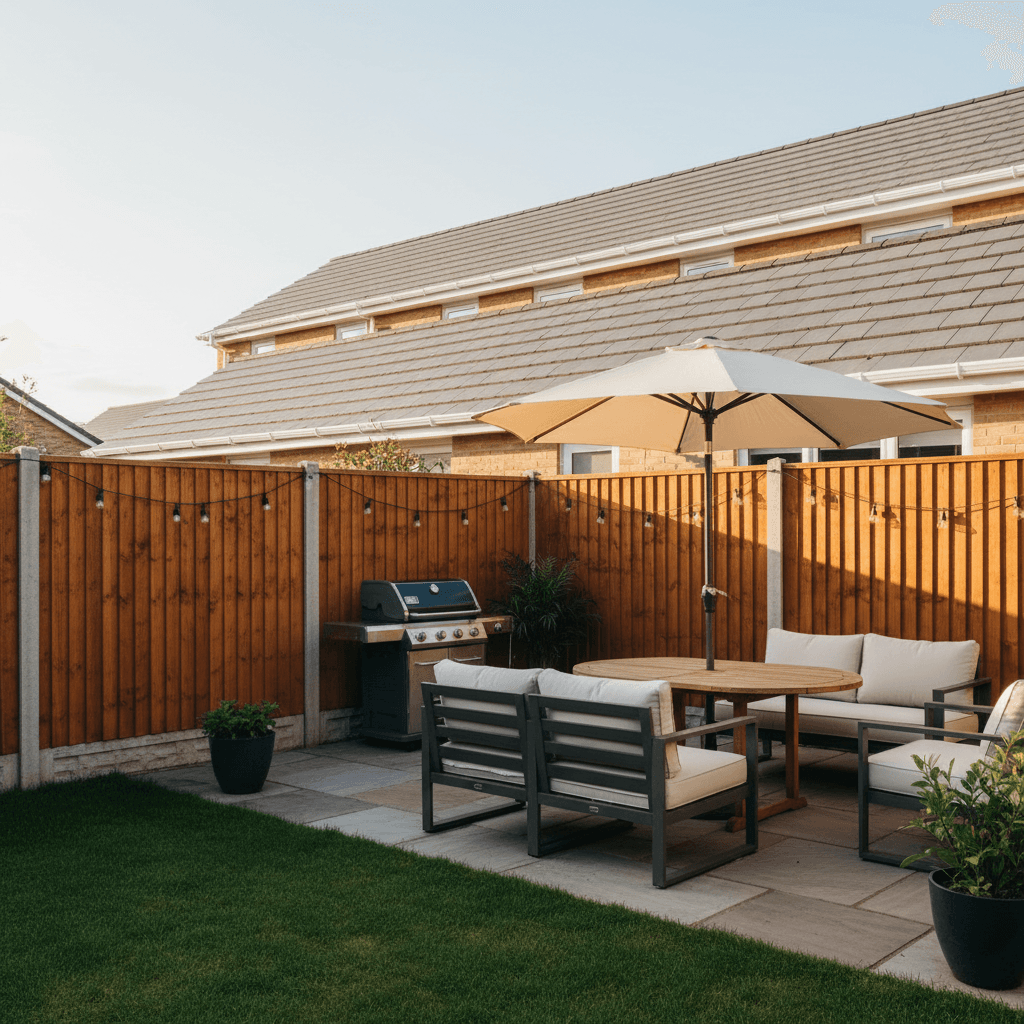 Backyard with restored wooden fence and bright gutters