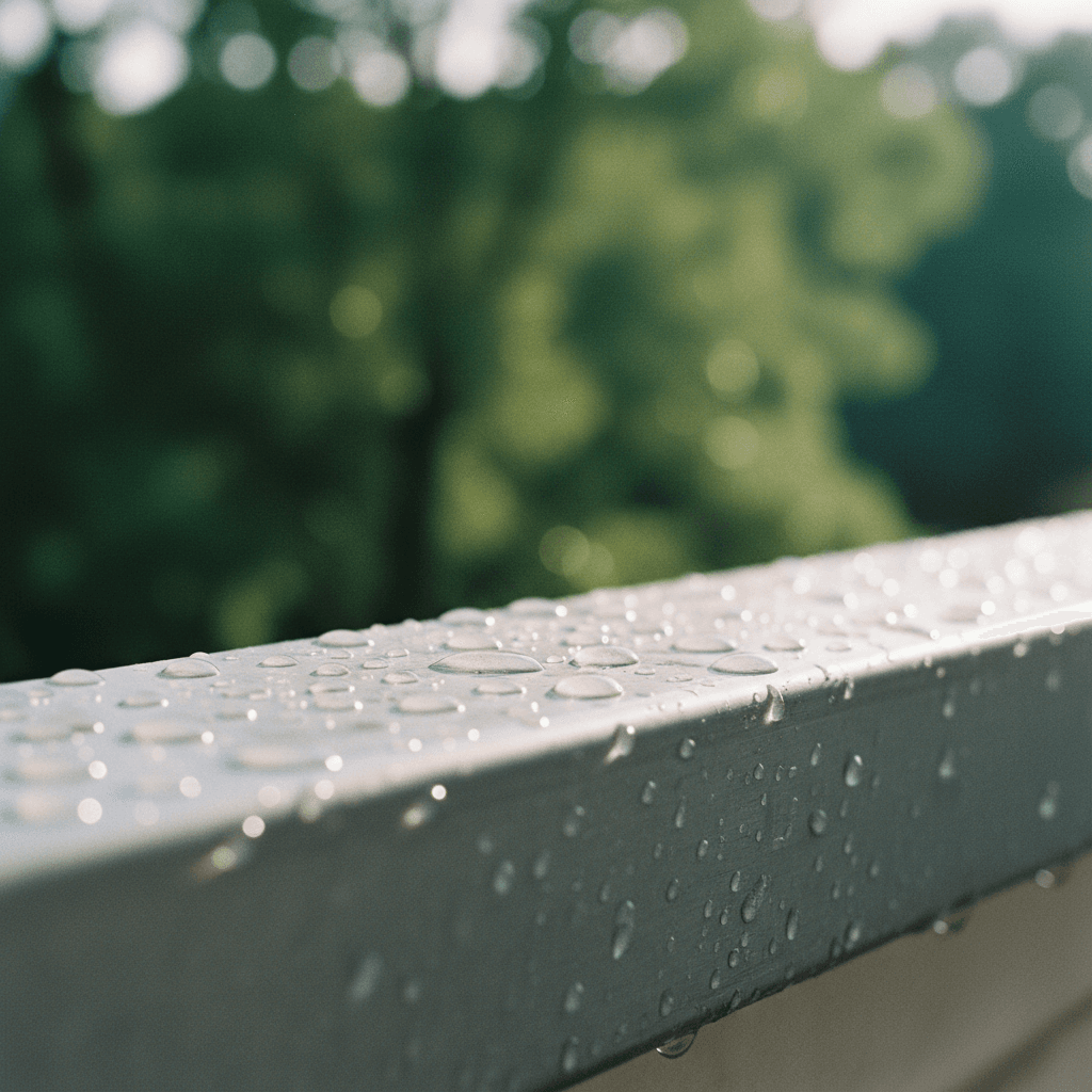 Close-up of clean gutter with water beading on surface