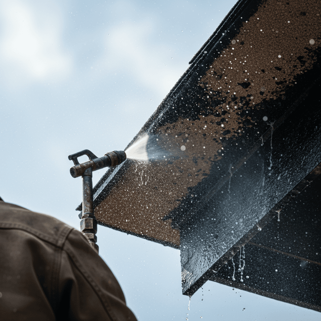 Close up of soft wash spray nozzle applying solution to roof shingle