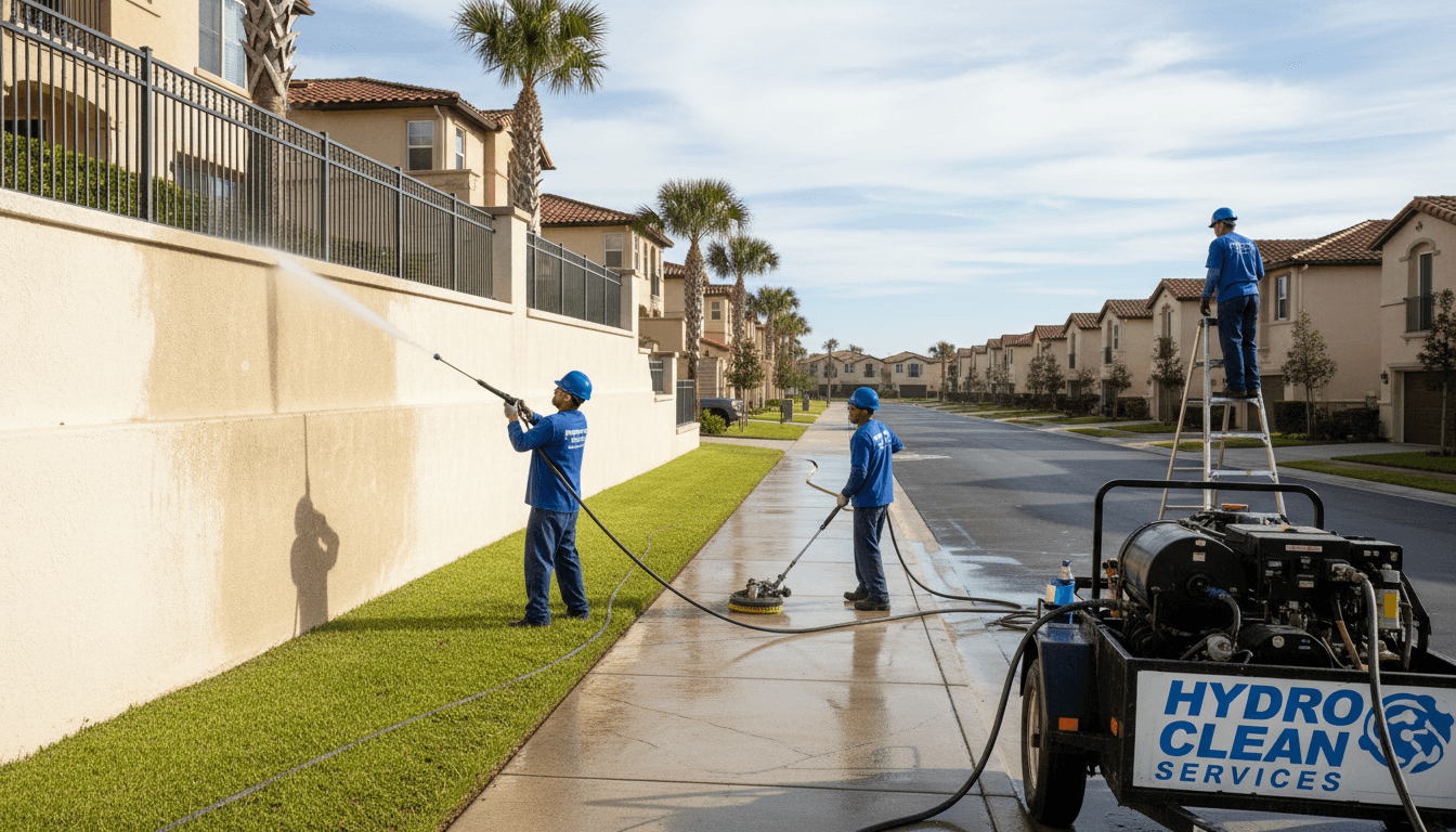 Professional exterior cleaning crew using pressure washing equipment on a residential community building