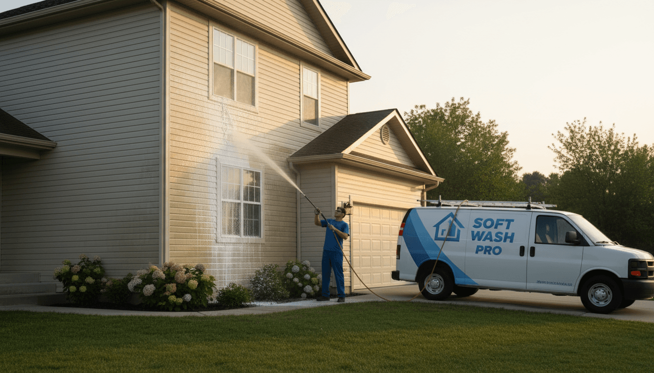 Professional house soft washing on a residential home