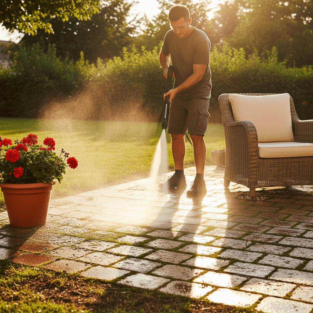 Pressure washing patio pavers to remove moss and mildew