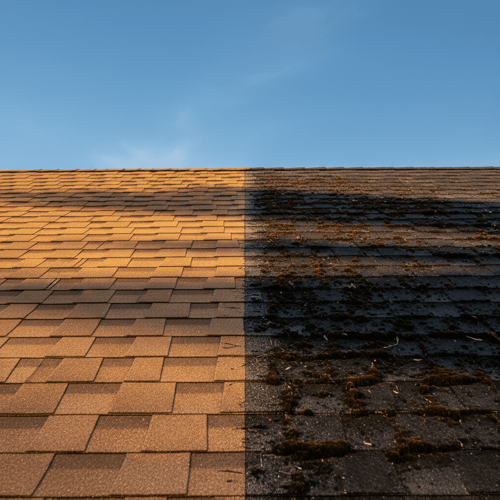 Residential roof with moss on one side and clean shingles on the other