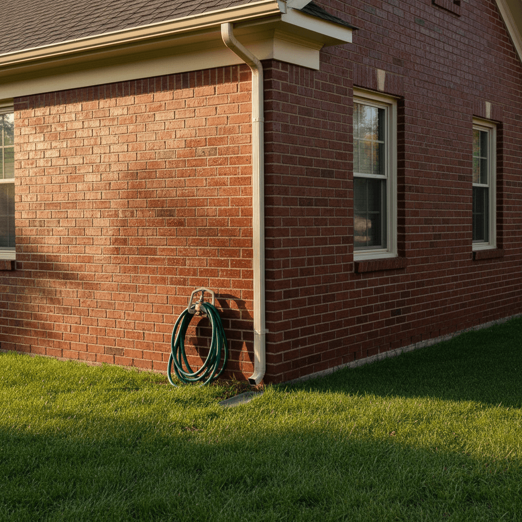 Freshly soft washed brick house corner with clean wood trim and water droplets on brick