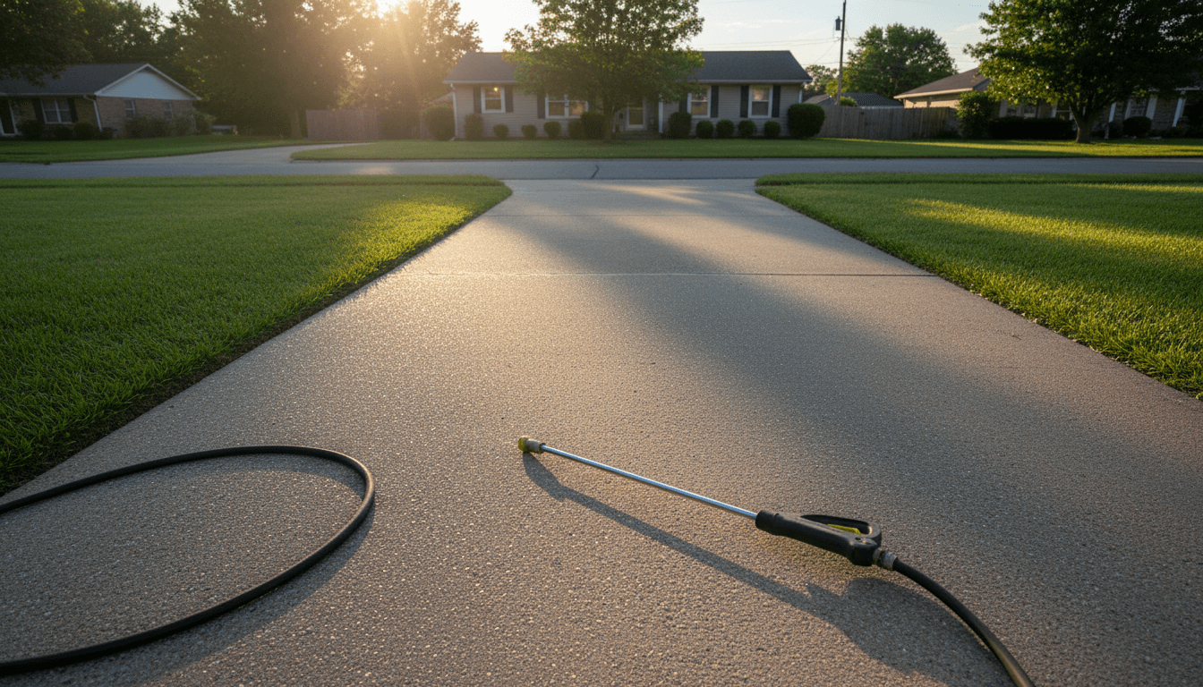 Freshly pressure washed concrete driveway with a clean versus dirty line visible, pressure washer resting on the surface