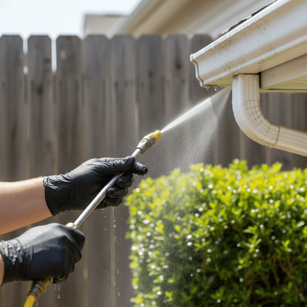 Technician applying cleaning solution to gutter with low-pressure wand