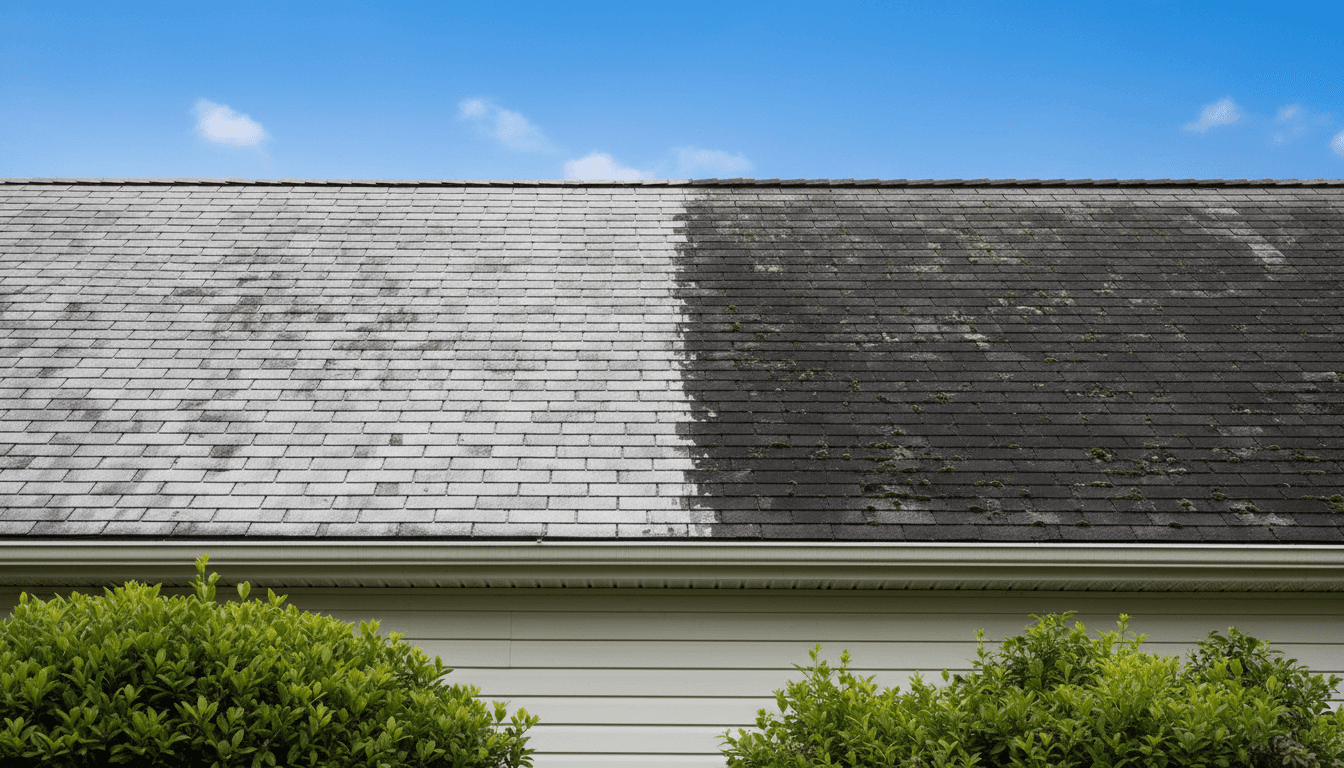 Residential roof with a visible clean section after soft washing, demonstrating the transformative results