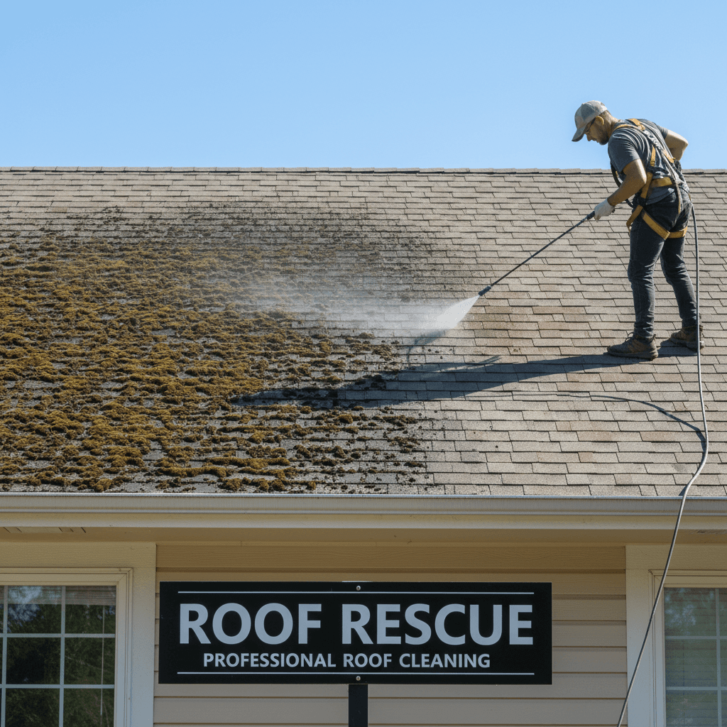 Roof soft washing service removing moss and algae