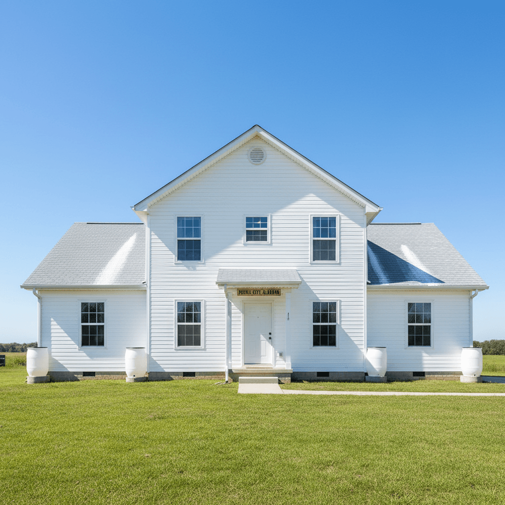 White vinyl-sided house completely clean after soft wash, uniform bright siding and spotless roof edge