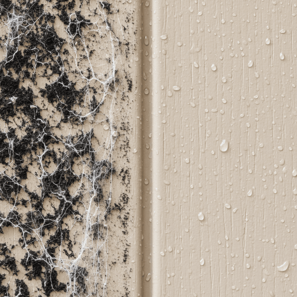 Close up of siding before and after soft wash, mold spots on one side and clean beige on the other