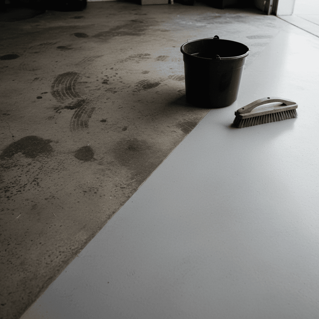 Garage floor before and after cleaning