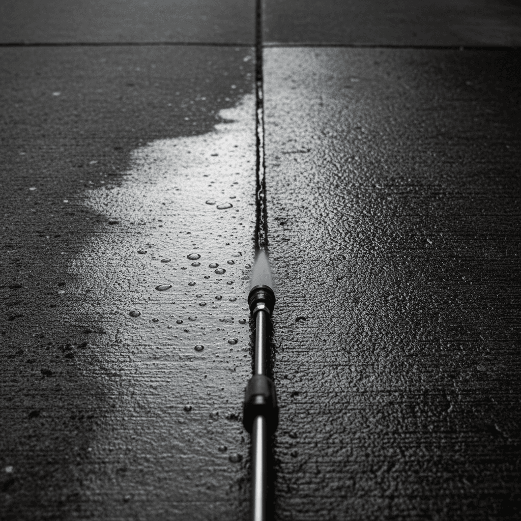 Close-up of a clean concrete driveway with water beading on the surface after professional pressure washing