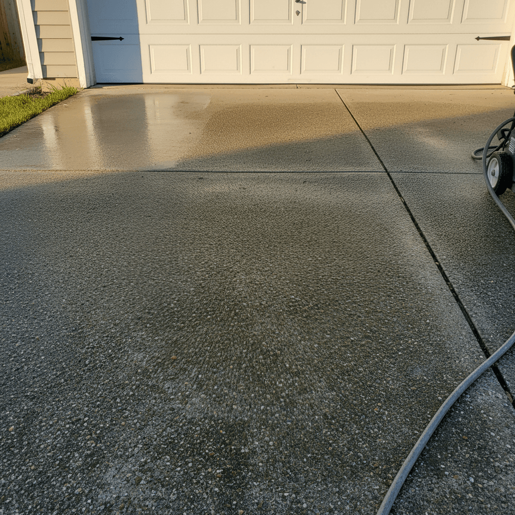 Before and after on driveway apron with biofilm