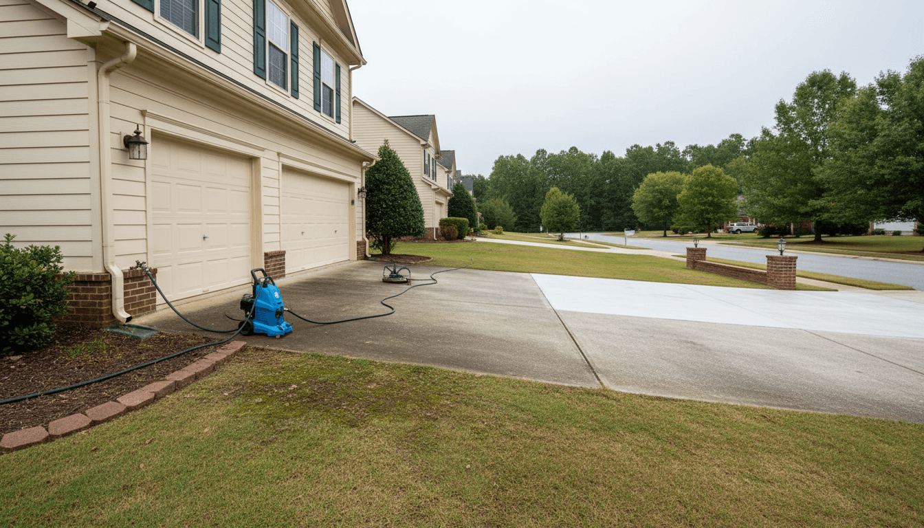 Wide view of a residential driveway in Columbus, GA, showing a visible line between clean and dirty concrete after cleaning