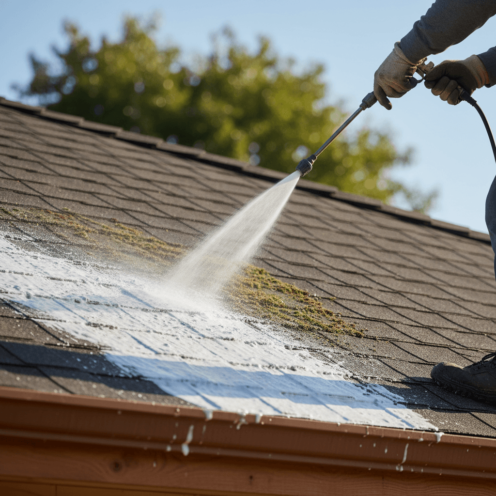 Soft washing application on roof shingles with eco-friendly cleaning solution