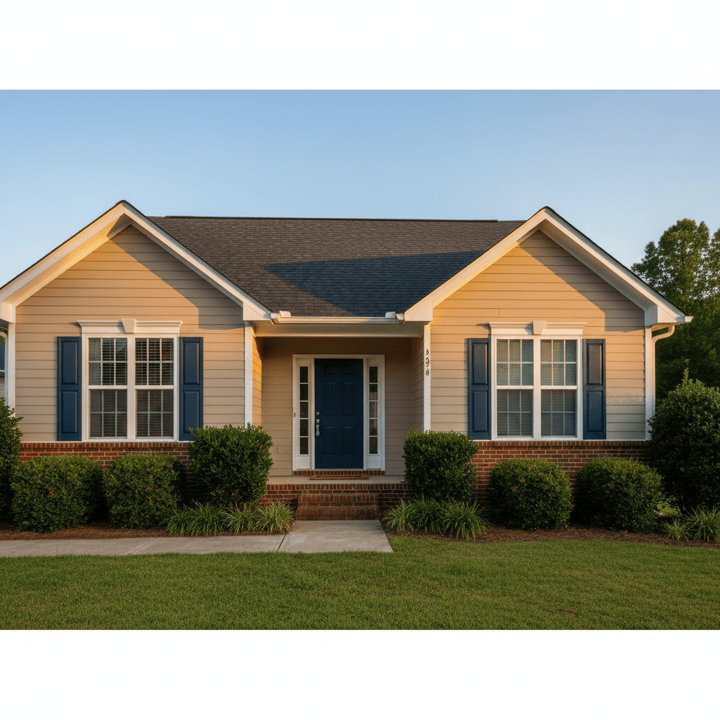 Single story ranch home after soft wash, clean beige siding, navy front door, and spotless brick foundation