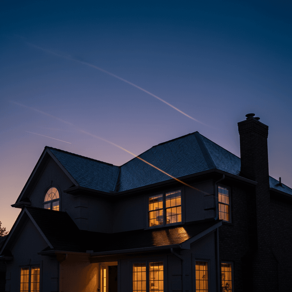 Two-story home with clean roof glowing under streetlight after soft wash