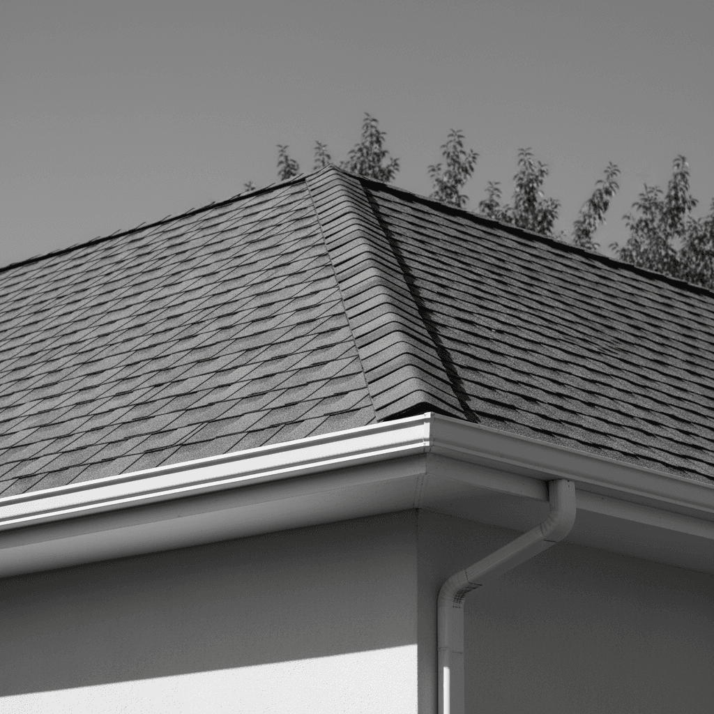 Clean roof corner with streak-free gutter showing soft wash result
