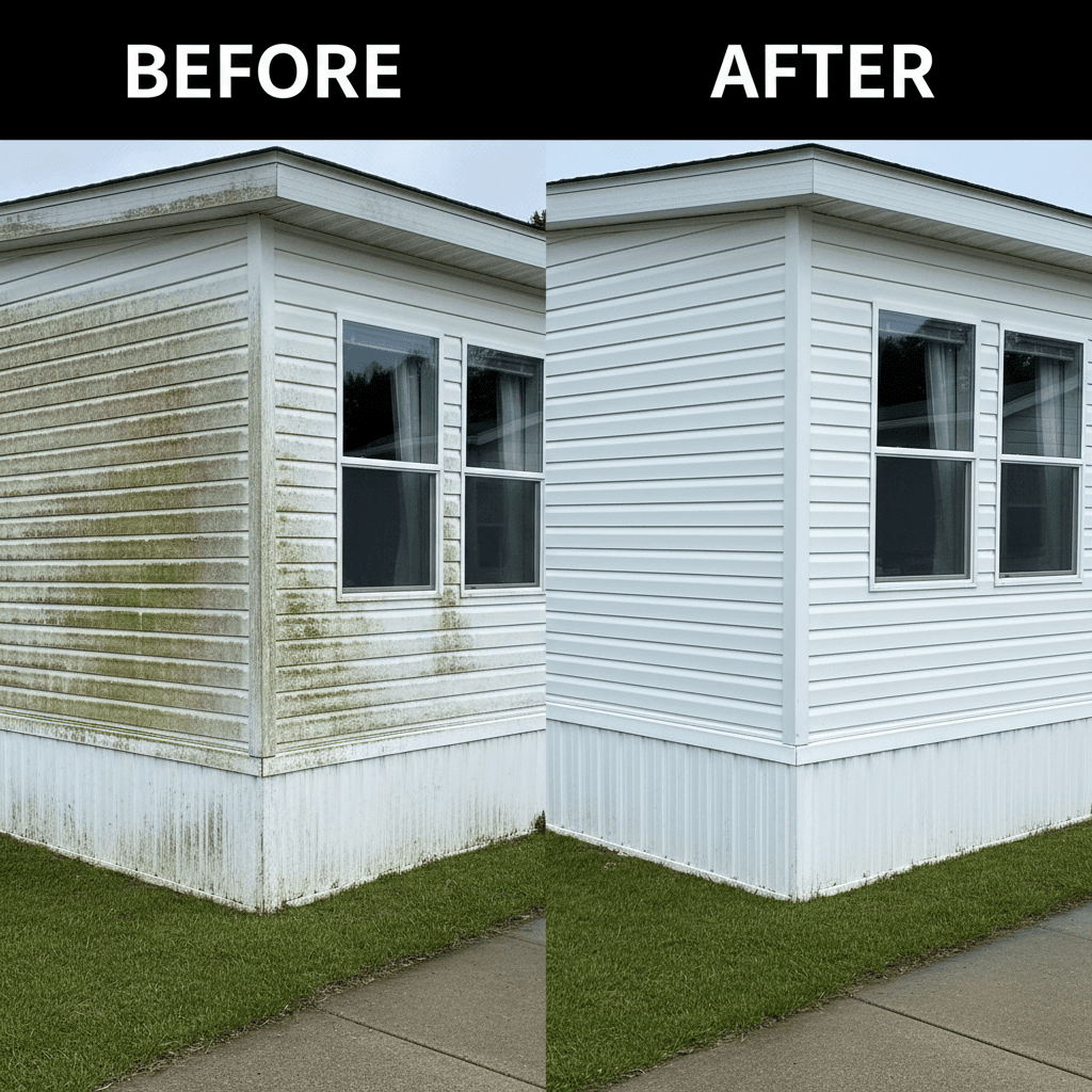 Before and after mobile home soft washing results