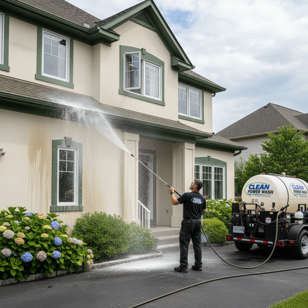 Country Boys pressure washing technician cleaning home siding