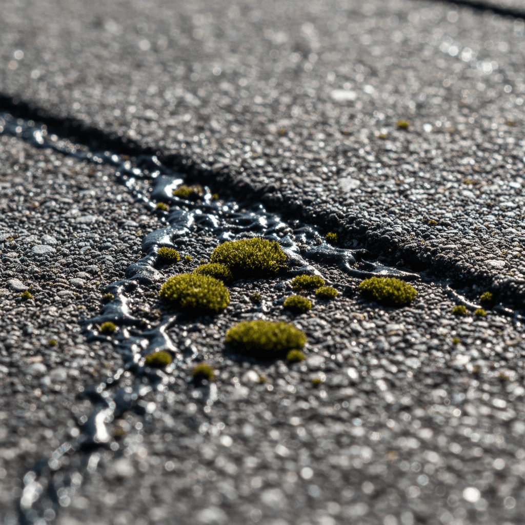 Close-up of roof shingle with black algae streaks and moss growth