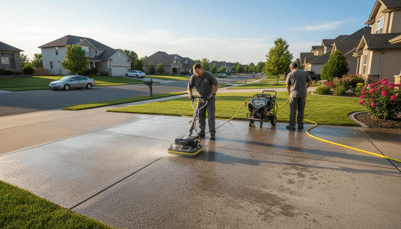 Professional pressure washing on concrete surfaces at residential community