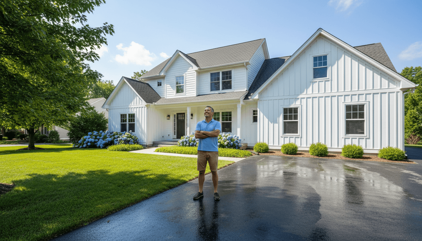homeowner admiring clean bright exterior of residential house with freshly pressure washed driveway and siding