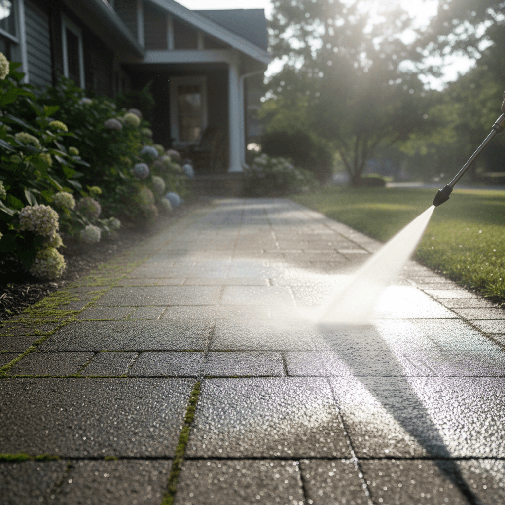 Pressure washing process on a residential concrete walkway removing moss and mildew