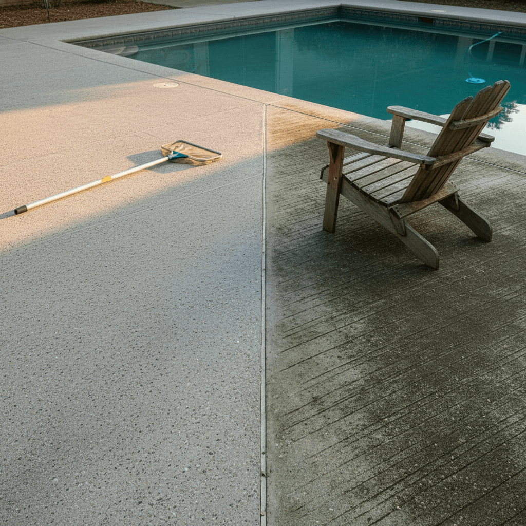 Patio concrete before and after algae removal