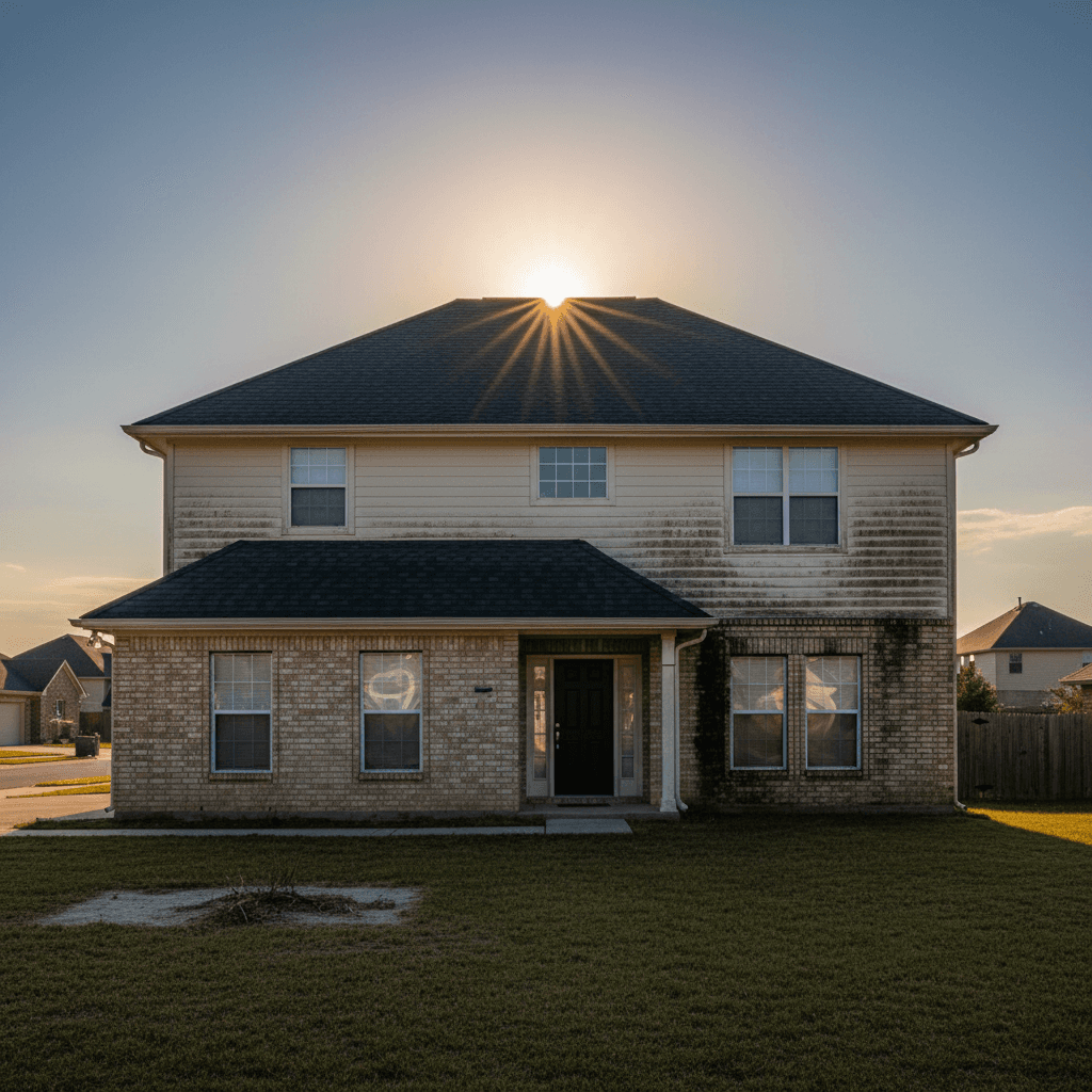 Wide shot of a house with clean roof contrasting against dirty siding