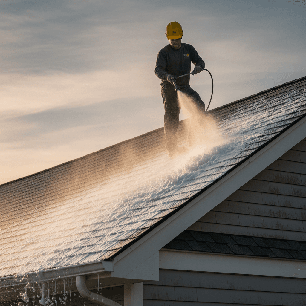 Worker applying soft wash cleaning solution to roof shingles with low-pressure sprayer