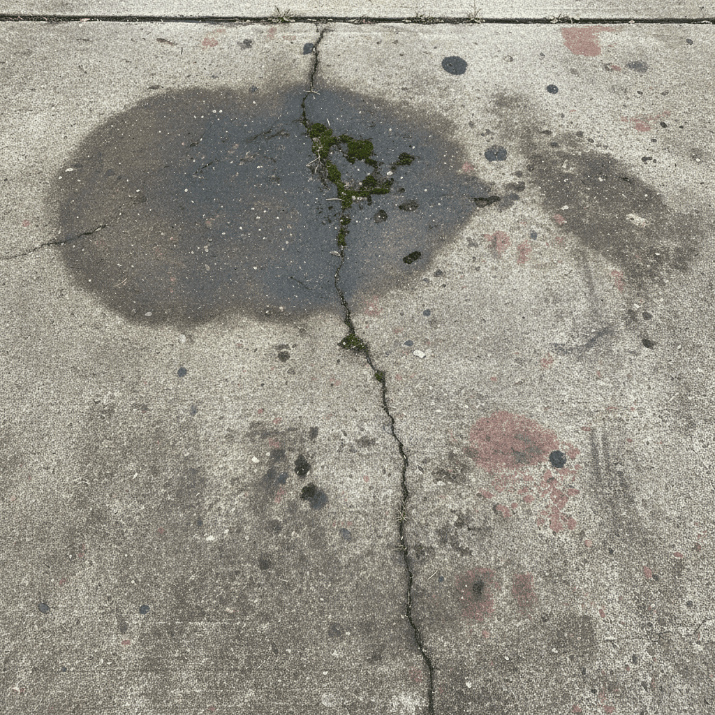 Before pressure washing showing stained and discolored concrete driveway with years of buildup