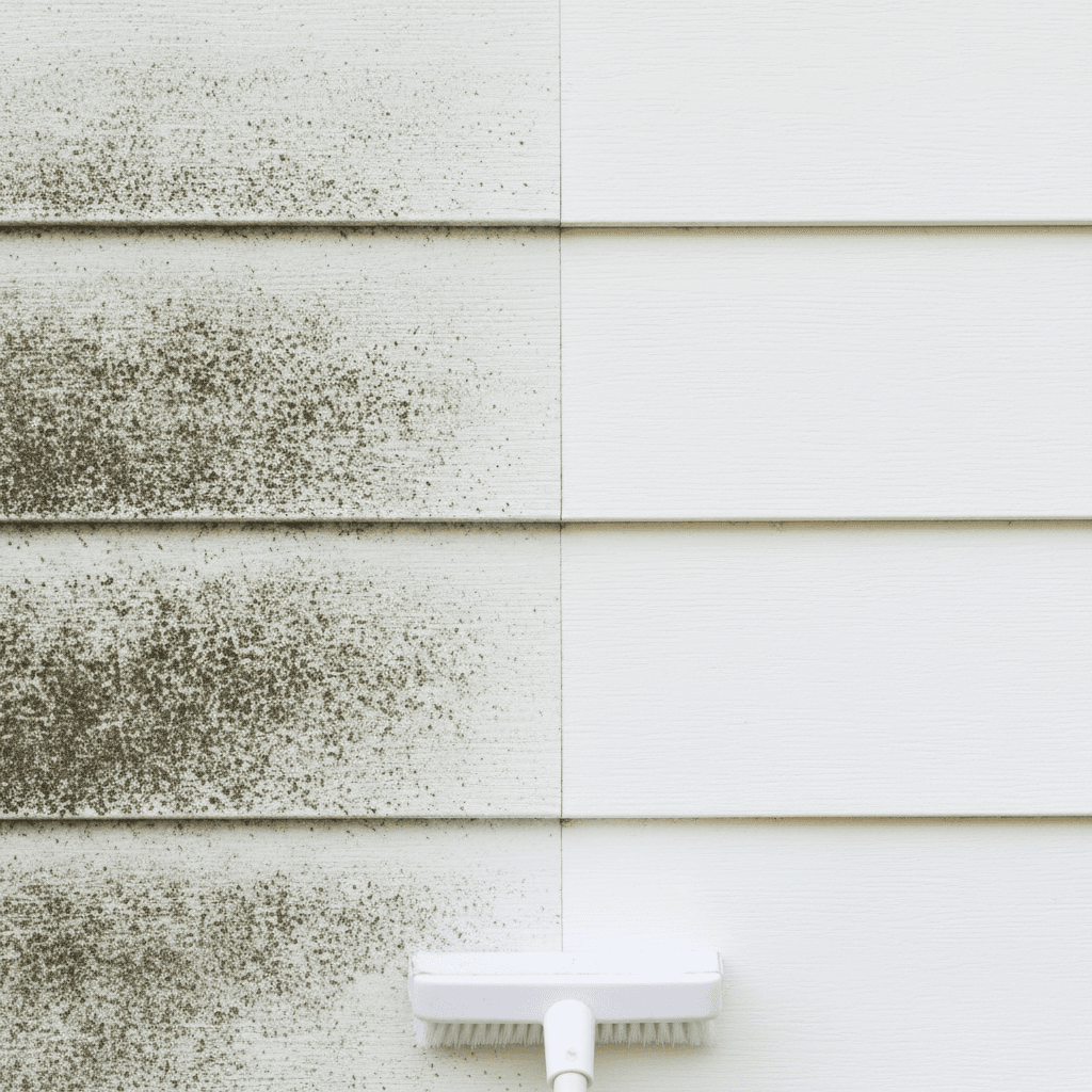 House siding half clean half covered in mold and mildew showing the difference soft washing makes