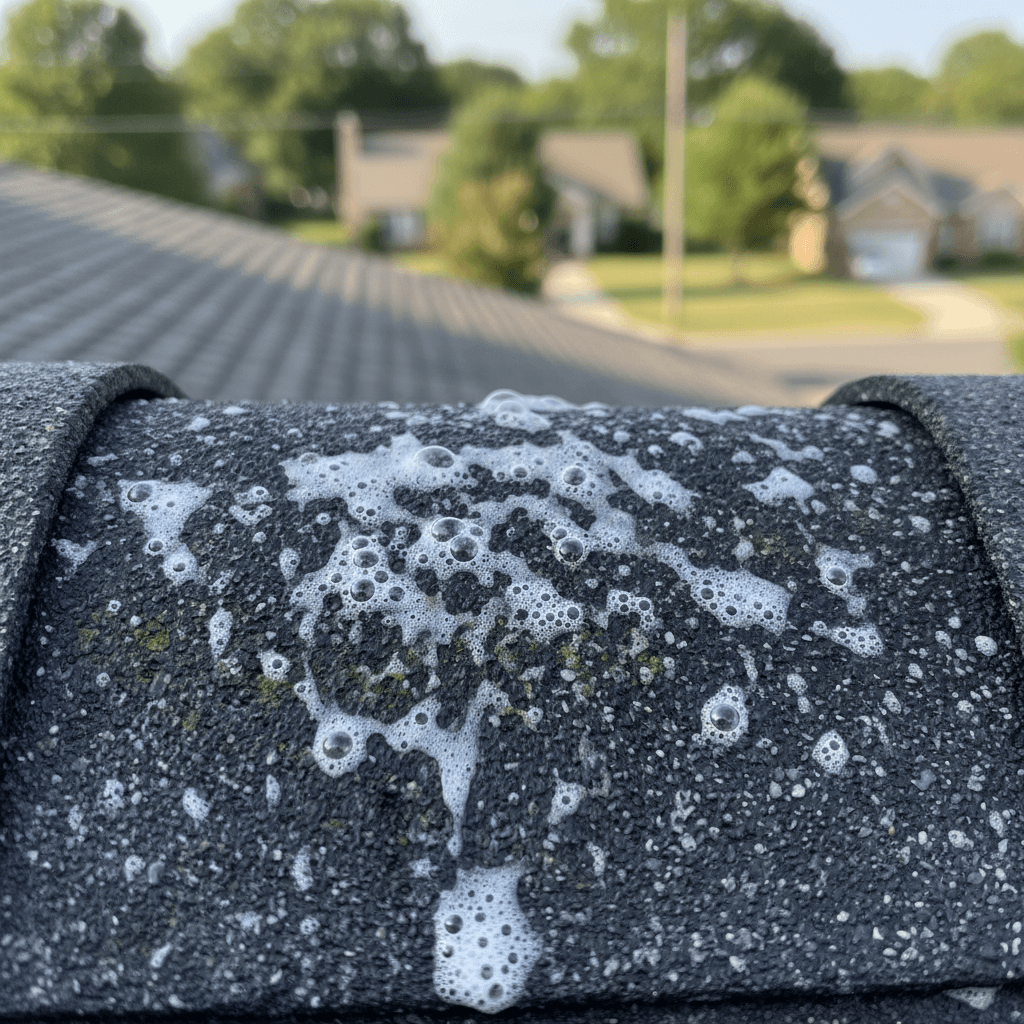 Eco-friendly cleaning solution foam on roof tiles