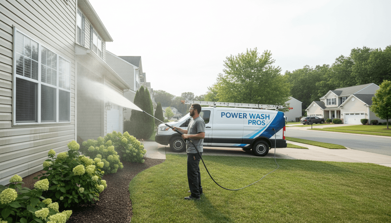 House washing service cleaning exterior siding with soft wash equipment
