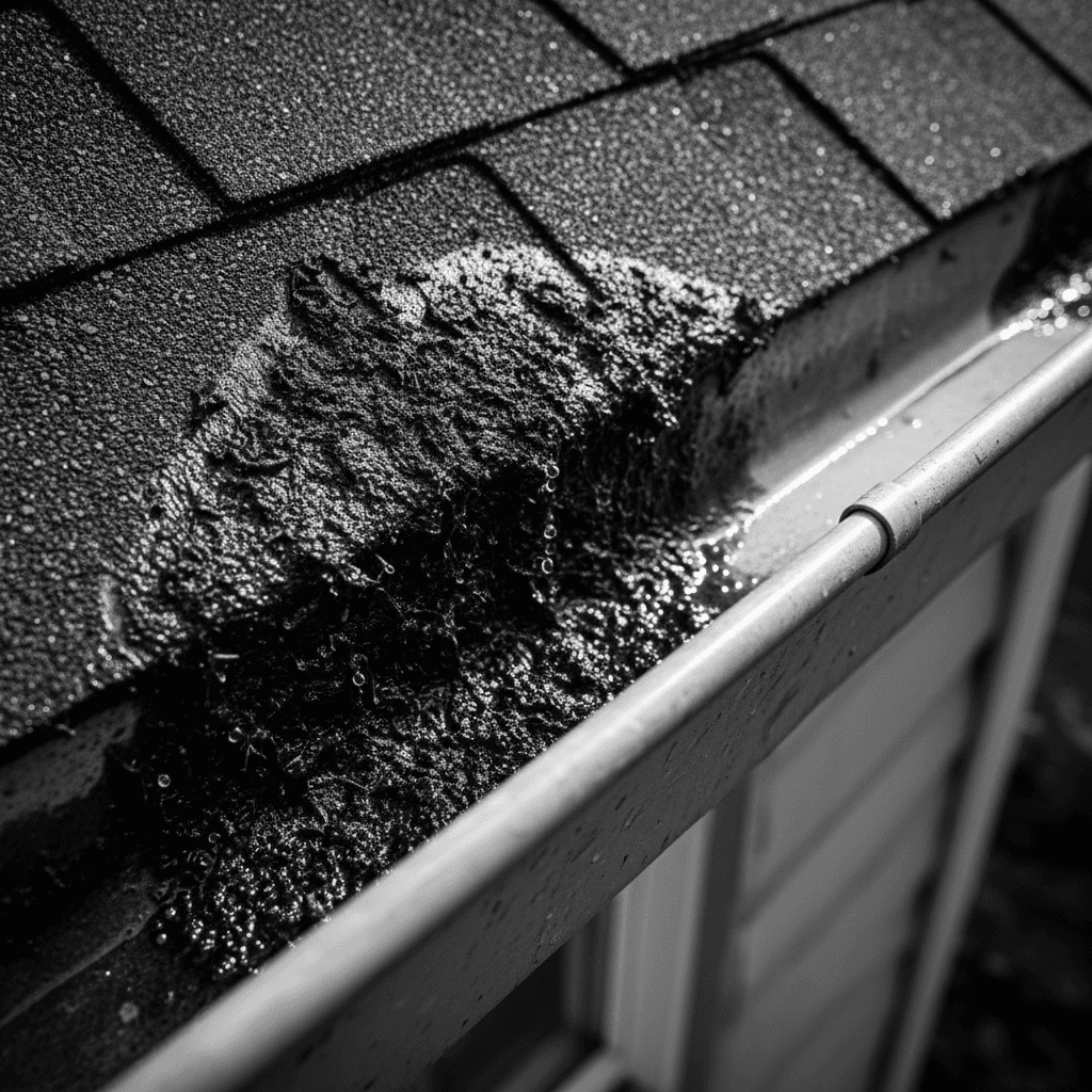 Close up of gutter filled with algae next to clean roof edge