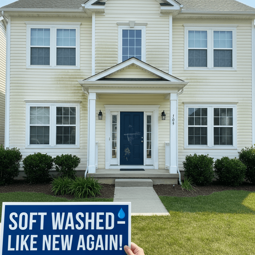 After soft washing showing clean restored house siding and bright appearance