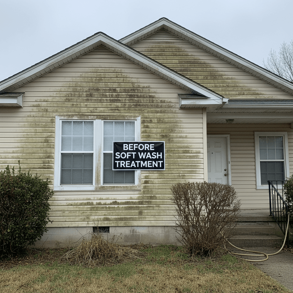 Before soft washing a residential house with visible mold and mildew buildup on siding
