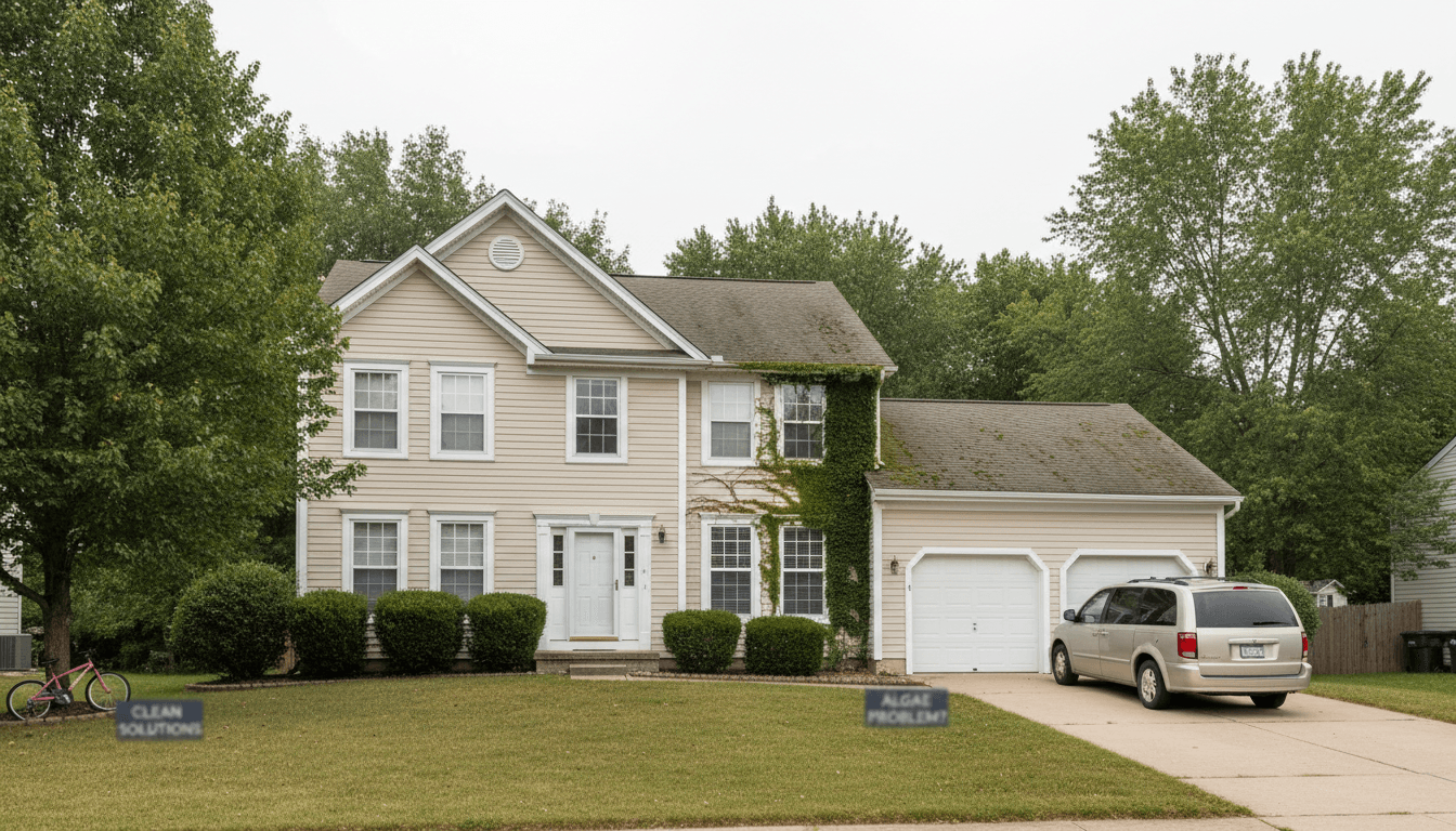 Two-story house showing clean side and dirty algae-streaked side