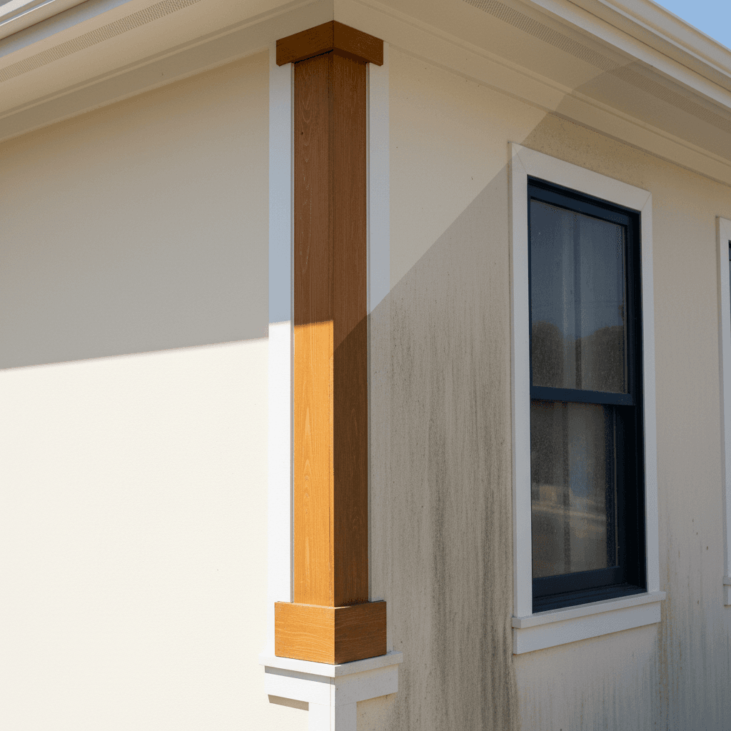 House corner showing clean versus dirty siding with a porch column and window